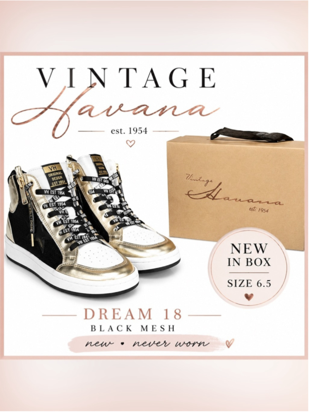 Vintage Havana Dream 18 High Top Sneakers Black Mesh Gold Metallic, Sz 6.5. NIB